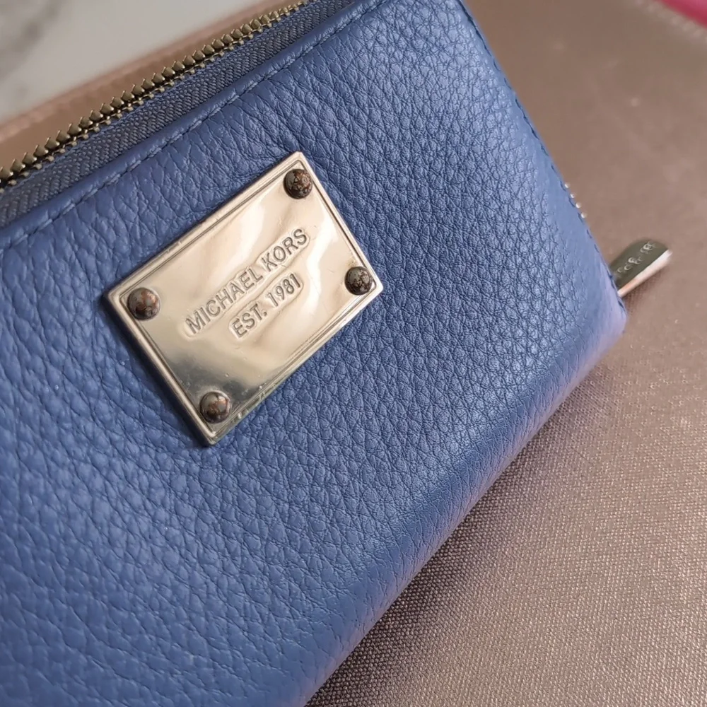 Michael Kors Blue Saffiano Leather Zip around Wallet